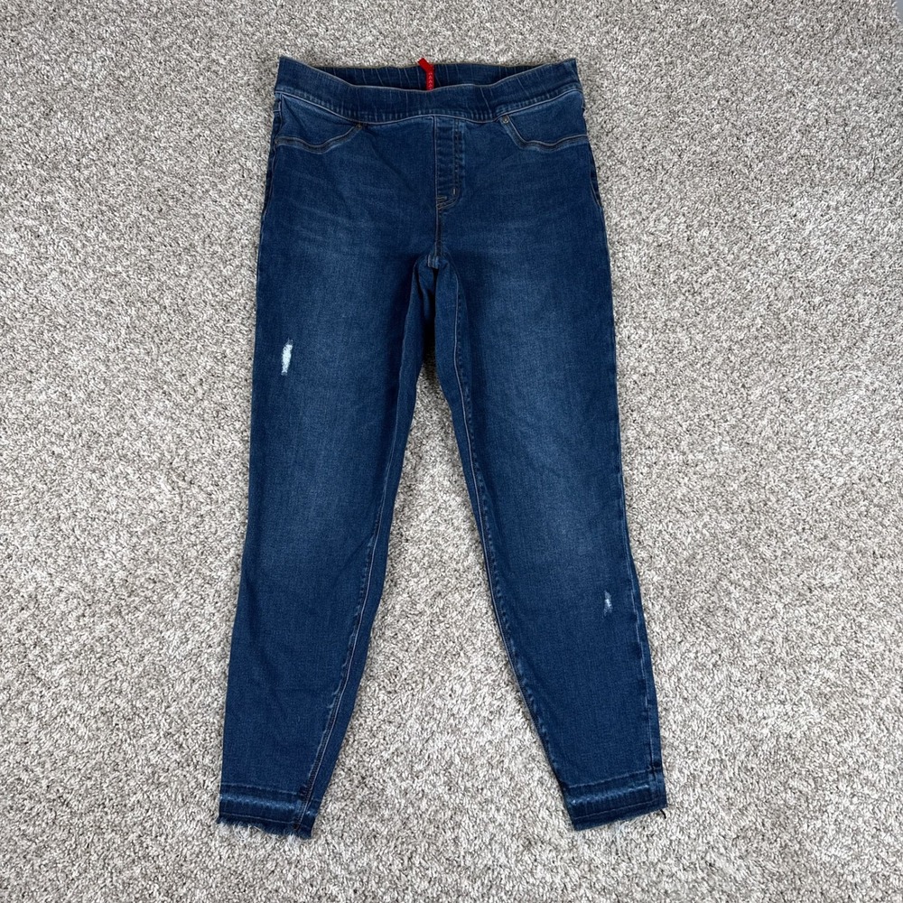 Spanx Jeans Womens XL Pull On Jegging Ankle Frayed Hem Dark Wash Distressed Slim